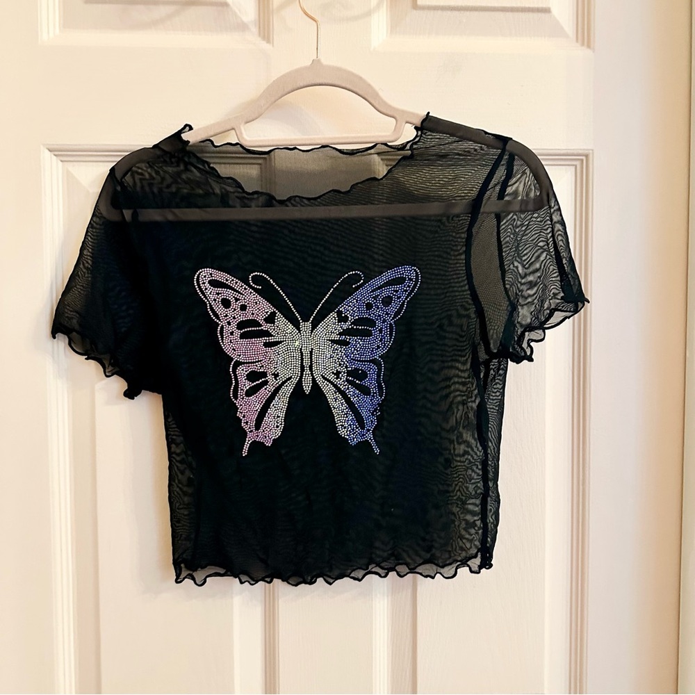 Black sequin butterfly crop top